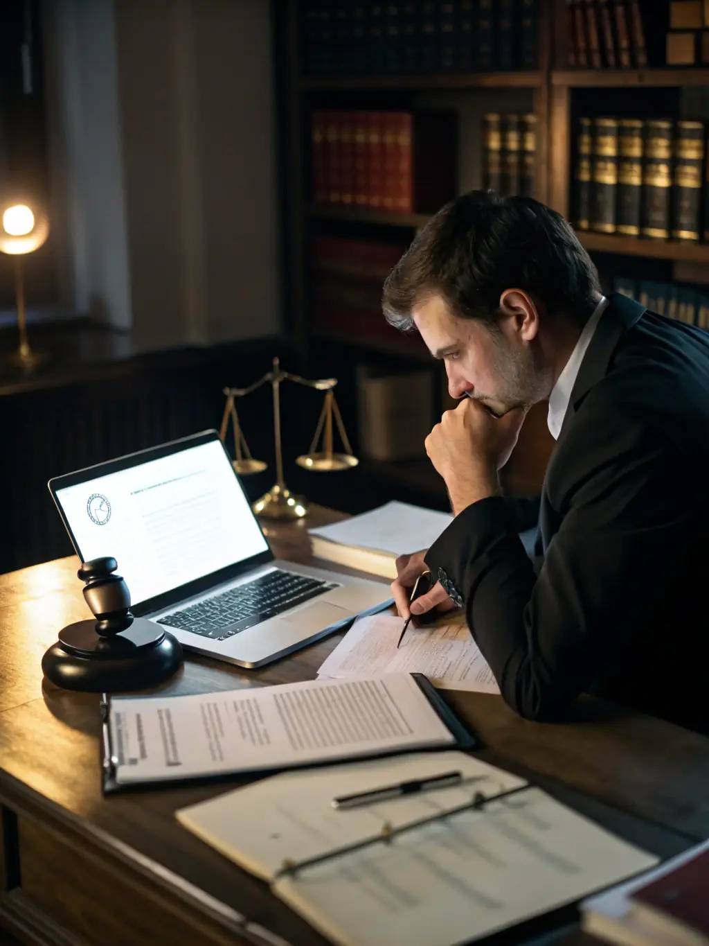 A professional lawyer reviewing a complex contract document with a magnifying glass, highlighting key clauses and legal jargon, in a modern office setting.