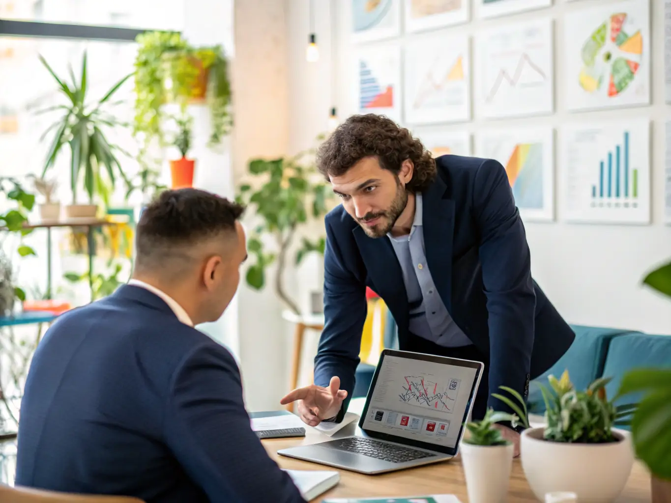A professional lawyer is advising a young IT startup founder in a modern office setting, emphasizing the importance of legal compliance for business growth.