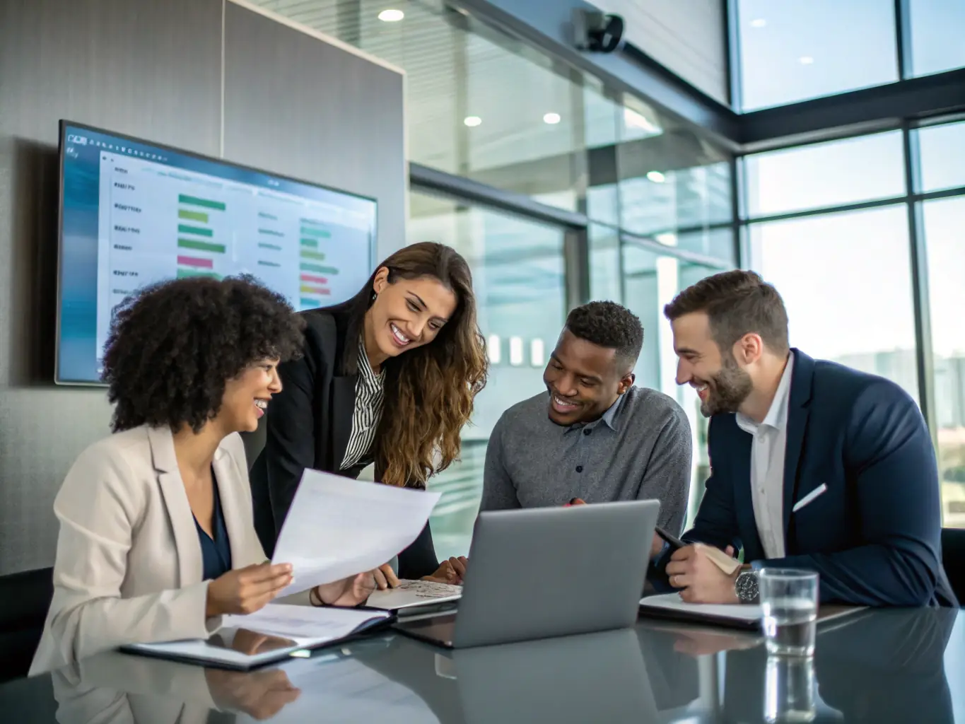 A diverse team of professionals collaborating in a modern office space, symbolizing partnership and innovation.