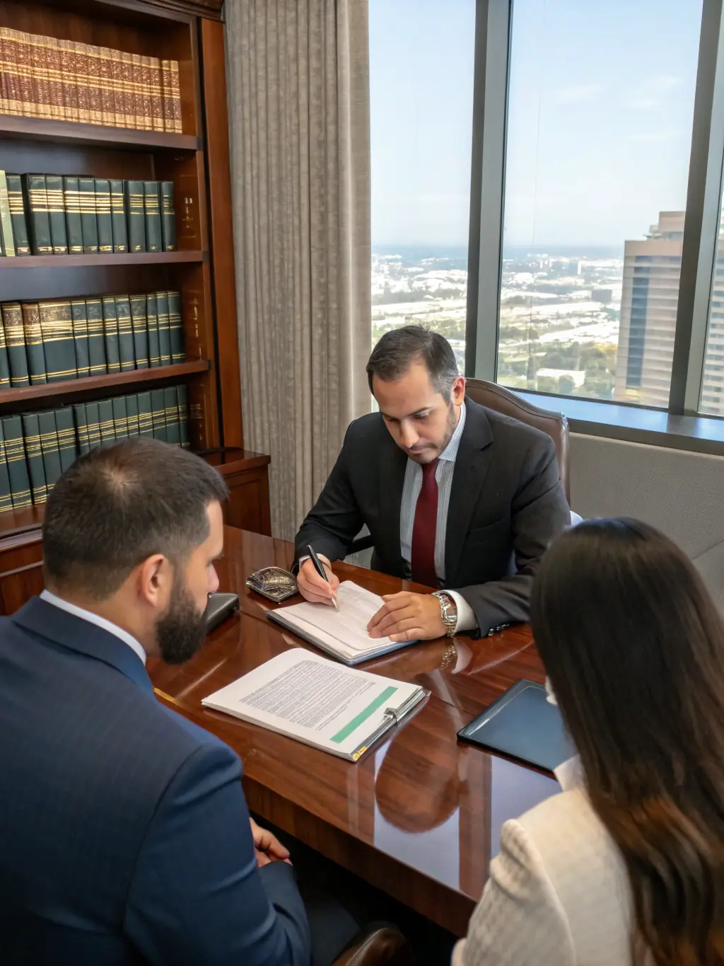 A close-up shot of a lawyer reviewing a complex contract with a tech startup founder, highlighting key clauses and potential risks.