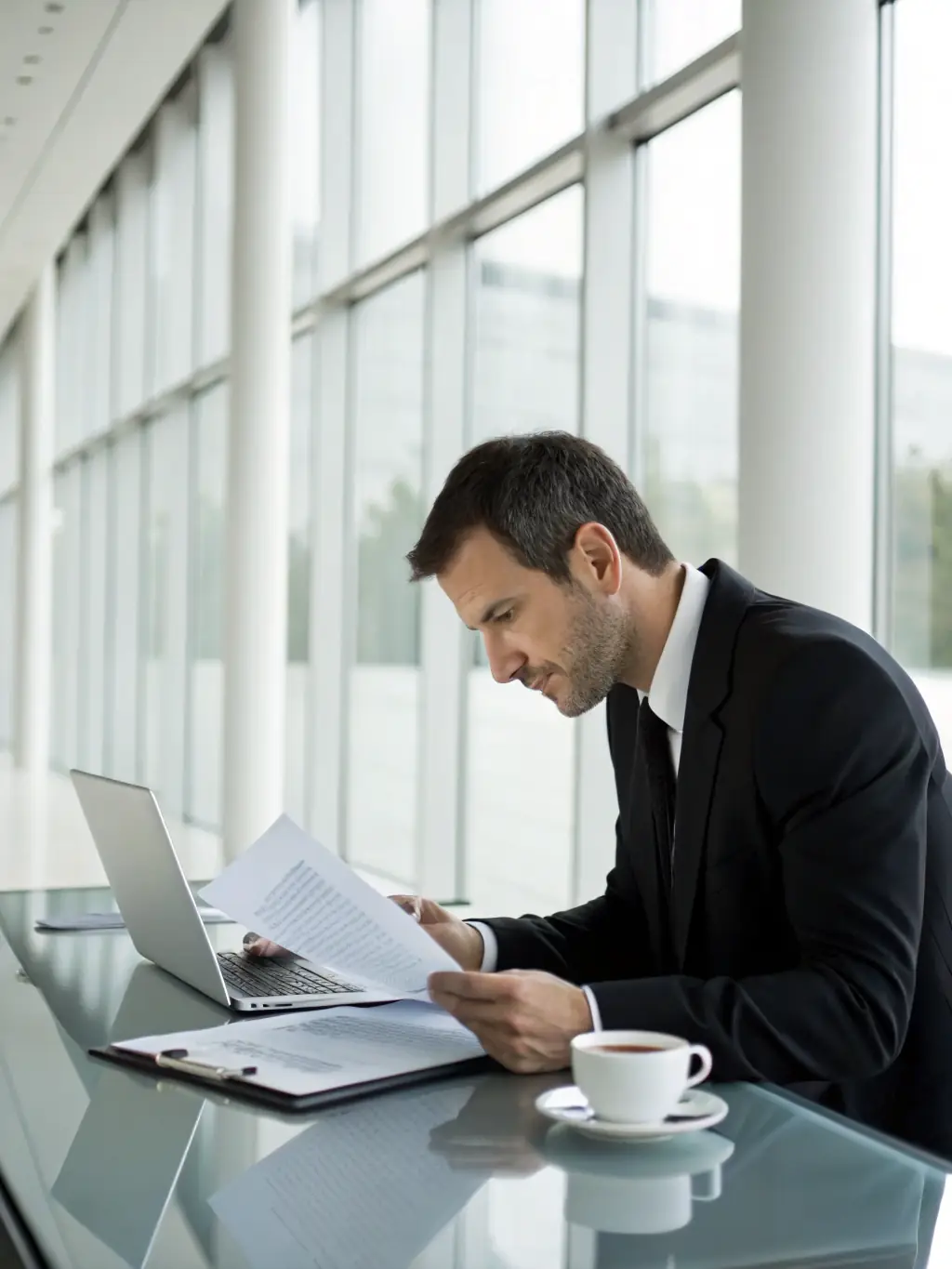 An image showing a legal professional reviewing a contract on a laptop with digital annotations, in a modern office setting.