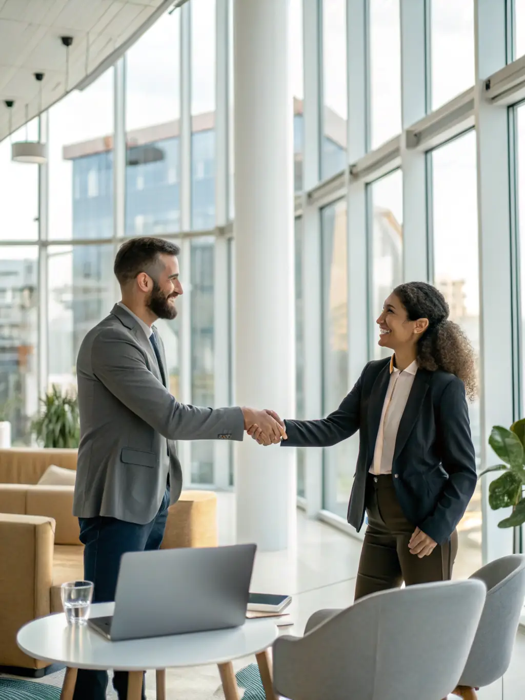 A professional lawyer in a modern office, smiling and shaking hands with a client, symbolizing the initial consultation phase at CodeLegal Network.