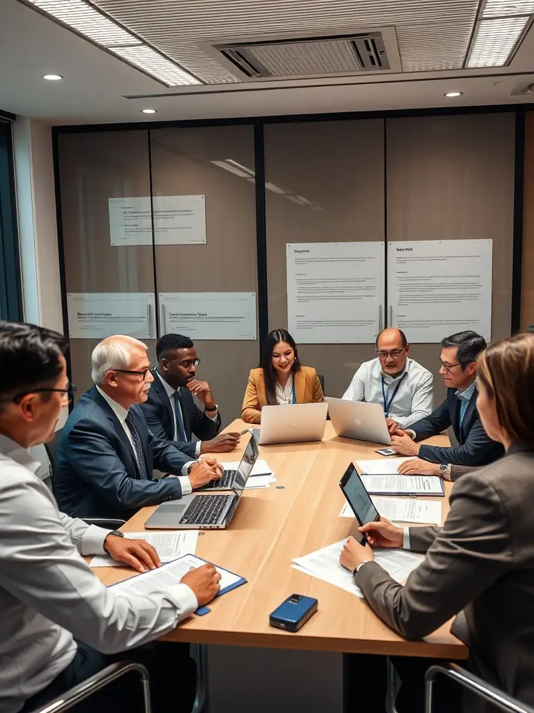 A legal team collaboratively reviewing documents and discussing strategy in a well-lit office, representing the in-depth analysis phase at CodeLegal Network.