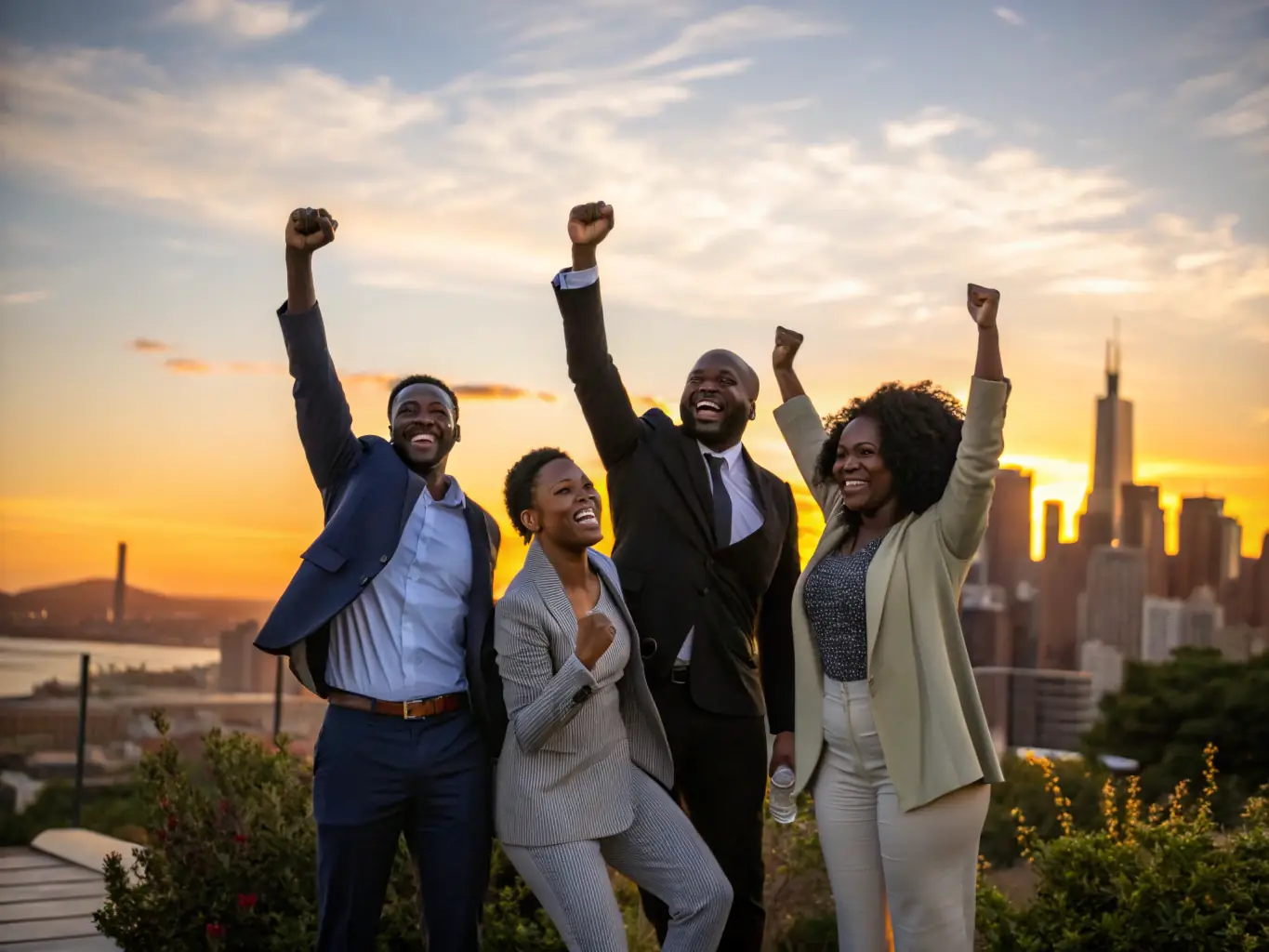 A group of tech entrepreneurs celebrating a successful product launch, with legal documents symbolizing the support provided by CodeLegal Network.