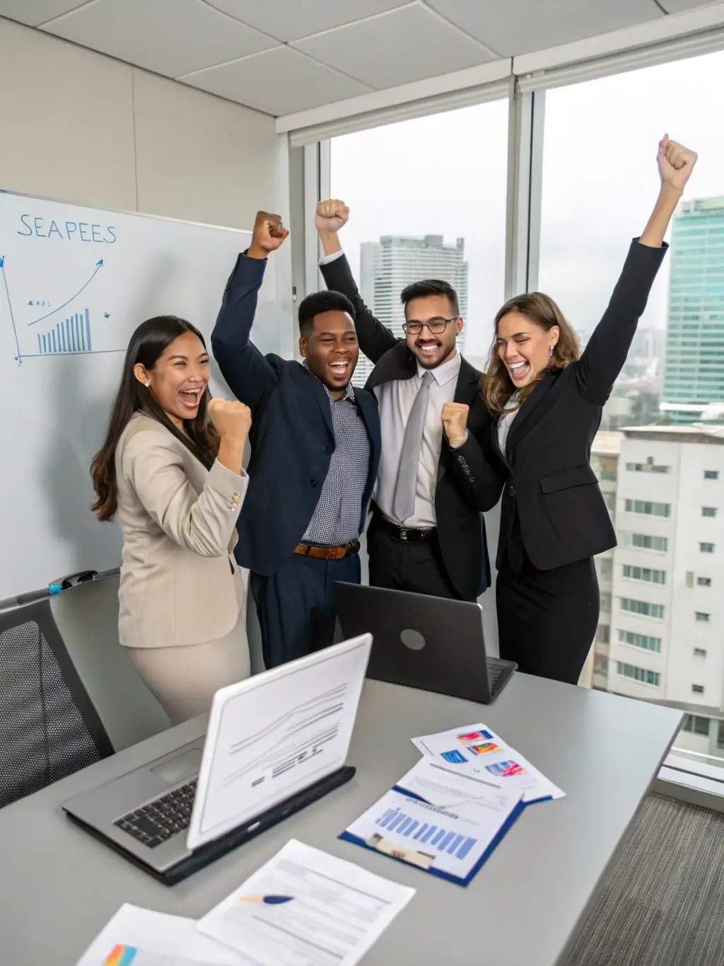 A successful tech startup team celebrating a legal victory, symbolizing the successful resolution phase achieved through CodeLegal Network's services.